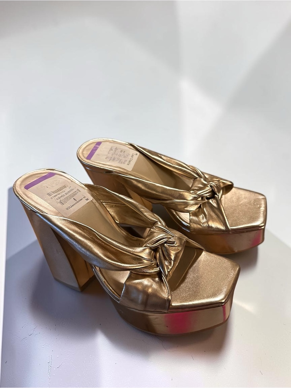 Open Edit Gold Platform Mule Sandals Knotted Block Heel Size 7M